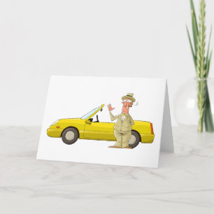 Tarjeta De Agradecimiento Coche Amarillo Divertido con Caballero Retro
