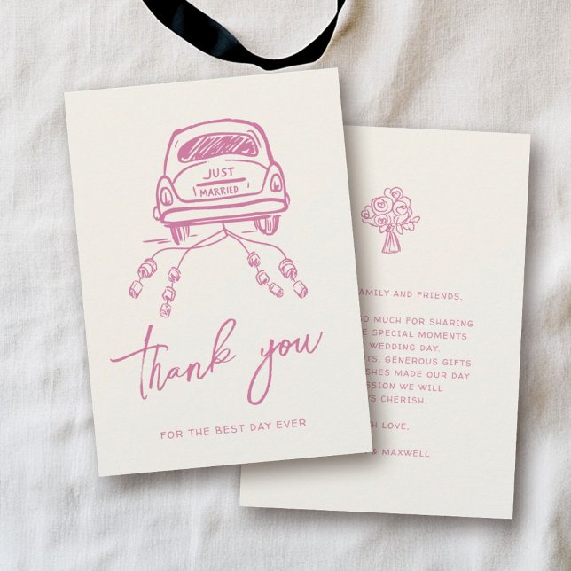 Tarjeta De Agradecimiento Coche Boda trendy con guion rosado (Subido por el creador)