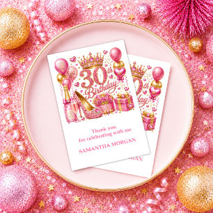 Tarjeta De Agradecimiento Coche Chic Rosa Confeti Dorado Brillante 30 Cumple