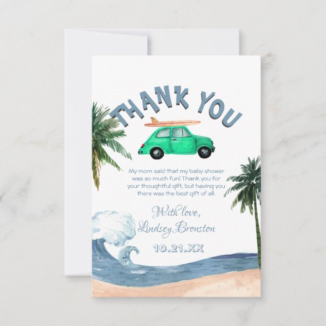 Tarjeta De Agradecimiento Coche Coconut Tree Blue Beach Baby Shower  (Anverso)