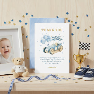 Tarjeta De Agradecimiento Coche de Carreras Acuarela Azul Cumpleaños Primero