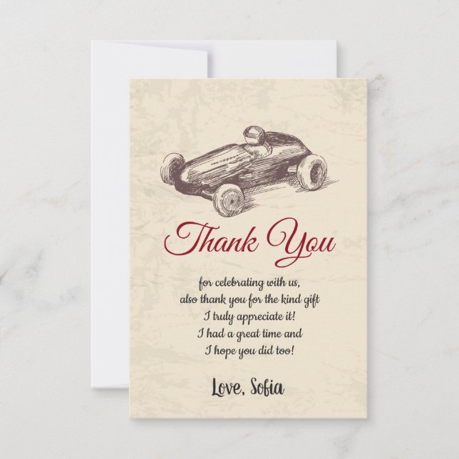 Tarjeta De Agradecimiento coche de carreras, cumpleaños, ducha de bebé, tarj (Anverso)