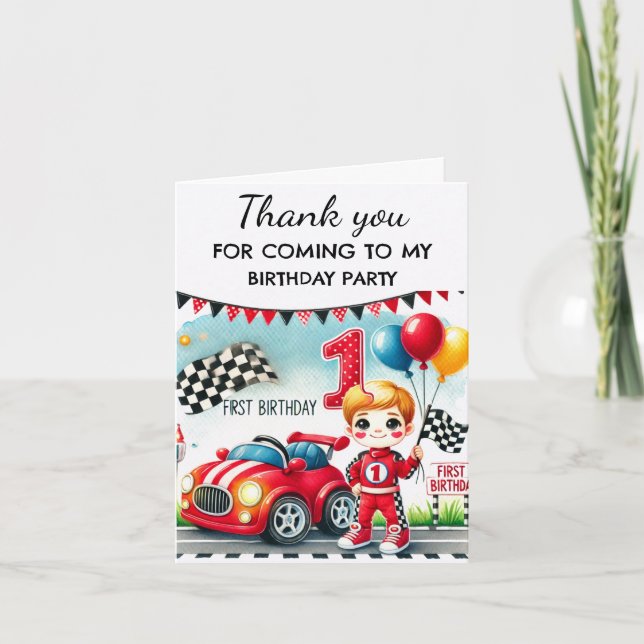 Tarjeta De Agradecimiento Coche de Carreras Cumpleaños Niño Monada (Anverso)