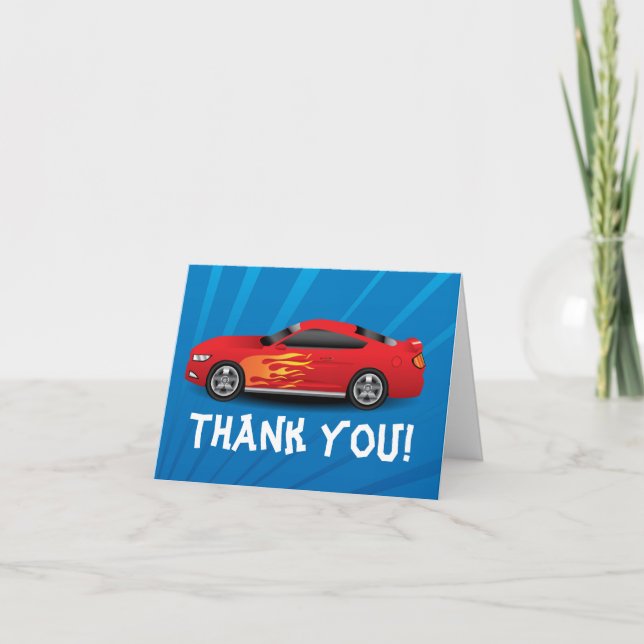 Tarjeta De Agradecimiento Coche de Carreras Rojo Caliente Llamas Cumpleaños  (Anverso)