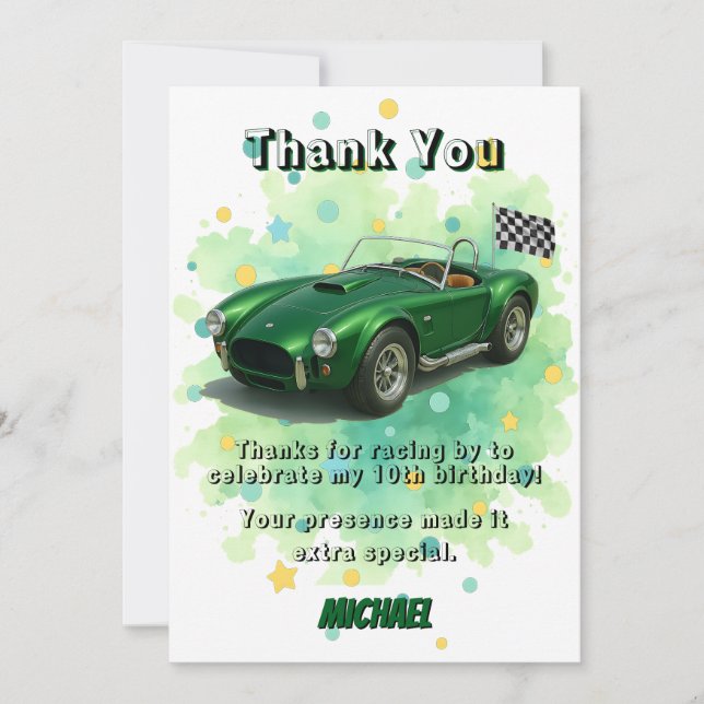 Tarjeta De Agradecimiento Coche de Carreras verde de fiesta de cumpleaños de (Anverso)