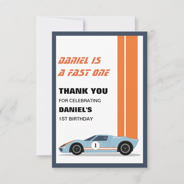 Tarjeta De Agradecimiento Coche moderno Fast One Race Primer Cumpleaños (Anverso)