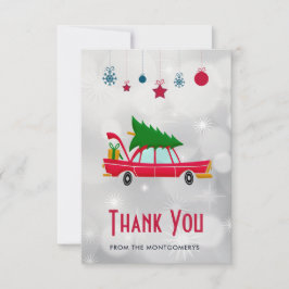 Tarjeta De Agradecimiento Coche retro rojo que lleva un árbol de Navidad Gra