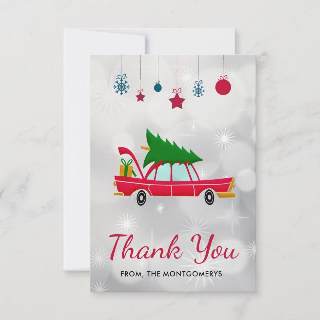 Tarjeta De Agradecimiento Coche retro rojo que lleva un árbol de Navidad Gra (Anverso)
