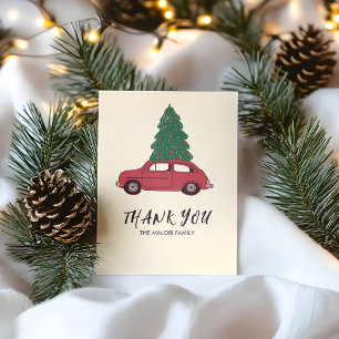 Tarjeta De Agradecimiento Coche rojo con árbol de Navidad Minimalista cose