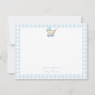Tarjeta De Agradecimiento Cochecito azul con borde de gingham niño