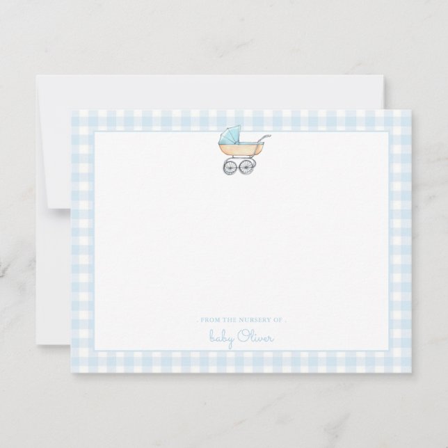 Tarjeta De Agradecimiento Cochecito azul con borde de gingham niño  (Anverso)