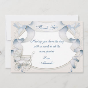 Tarjeta De Agradecimiento Cochecito Vintage Gracias Beige Azul Cuadros