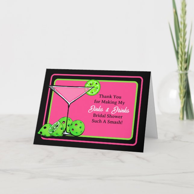 Tarjeta De Agradecimiento Cóctel Pickleball Bridal Shower Dinks & Drinks (Anverso)