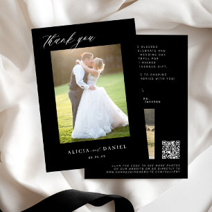 Tarjeta De Agradecimiento CÓDIGO QR boda foto negro script elegante moderno