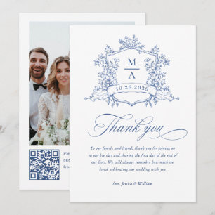 Tarjeta De Agradecimiento código QR del Boda azul oxidado y floral victorian