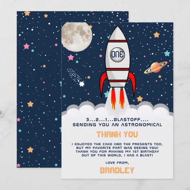Tarjeta De Agradecimiento Cohete astronauta Espacio Ultraterrestre Primer cu (Anverso / Reverso)