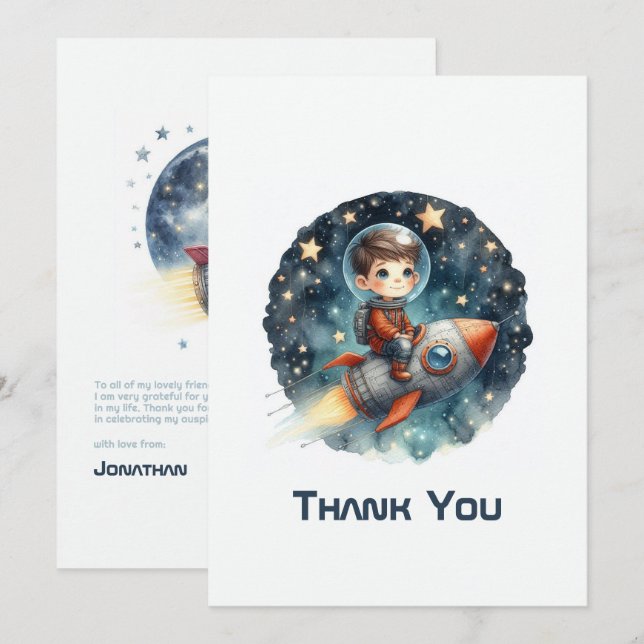 Tarjeta De Agradecimiento Cohete Espacial Niño Estelar (Anverso / Reverso)