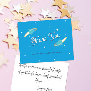 Tarjeta De Agradecimiento Cohetes Azules y Estrellas Cielo Azul