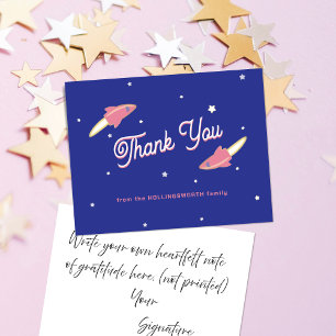 Tarjeta De Agradecimiento Cohetes Rosas y Estrellas Azules