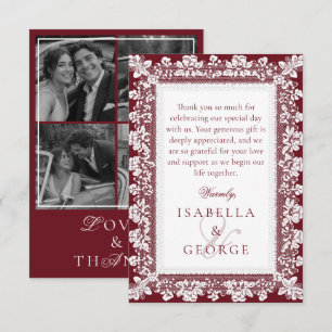 Tarjeta De Agradecimiento Colage de fotos de boda con encaje borgoña y diner