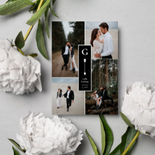 Tarjeta De Agradecimiento Colage de fotos de boda con flecha elegante negra
