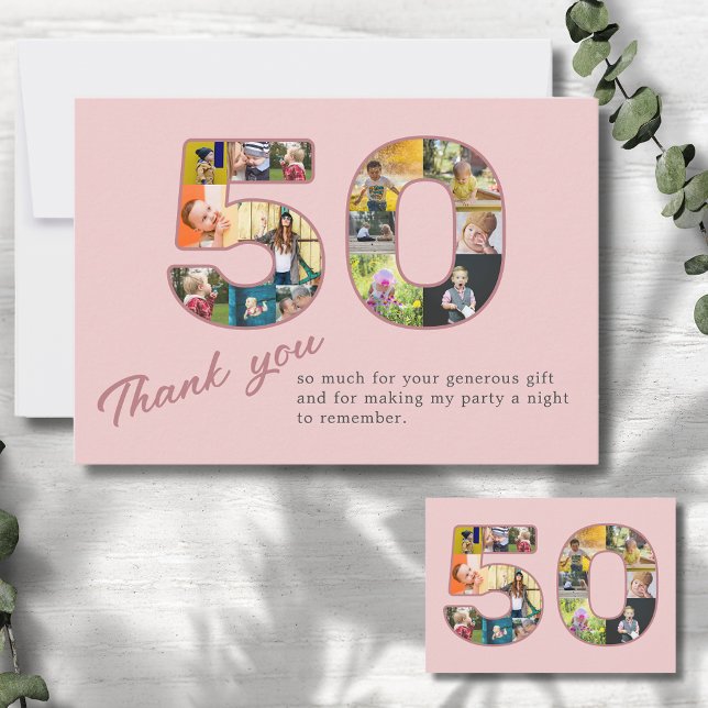 Tarjeta De Agradecimiento Colage de Fotos Rosa Pálido Cumpleaños 50 Agradeci (Blush dusty pink 50th birthday thank you card with photo collage.)
