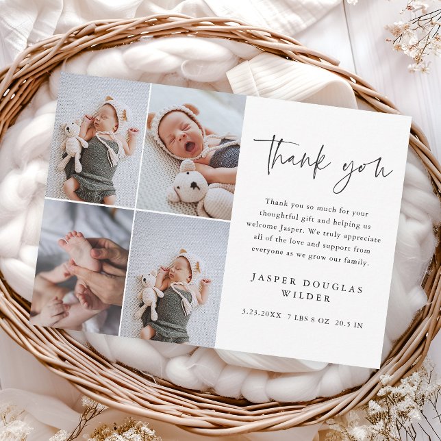 Tarjeta De Agradecimiento Colaje de foto de bebé con guión simple (Modern script photo collage baby thank you cards.)