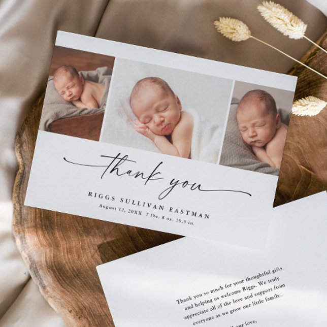 Tarjeta De Agradecimiento Colaje de fotos con letra script simple para bebé (Elegant modern script 3 photo collage baby thank you announcement card.)