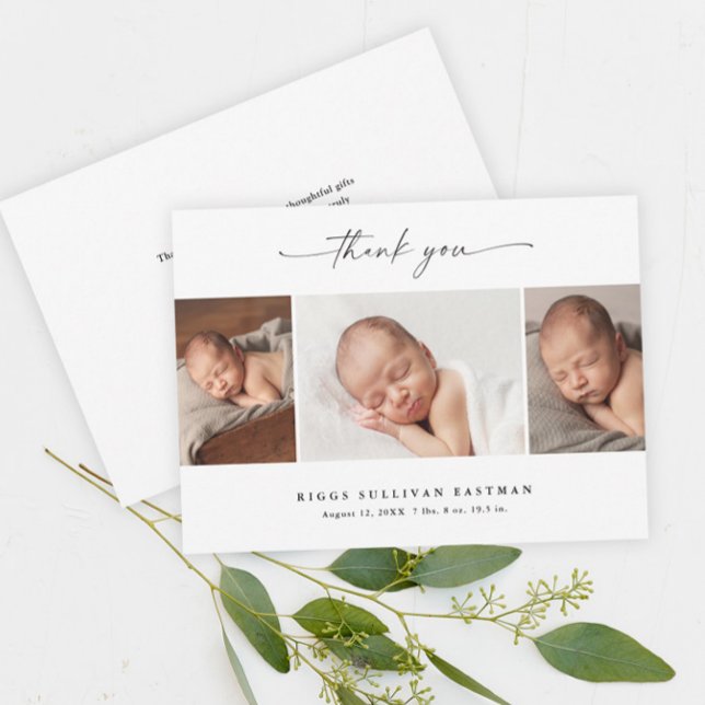 Tarjeta De Agradecimiento Colaje de fotos con letra simple para bebé (Elegant script black and white
3 photo baby thank you card announcements.)