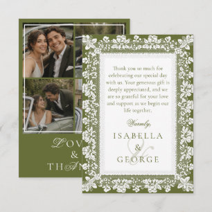 Tarjeta De Agradecimiento Colaje de fotos de boda con encaje verde oliva Old