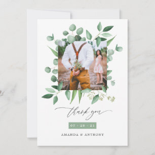 Tarjeta De Agradecimiento Colaje de fotos de boda con eucalipto de bosque