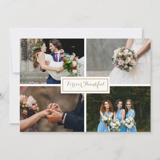 Tarjeta De Agradecimiento Colaje de fotos de boda con guión dorado moderno (Anverso)