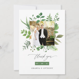 Tarjeta De Agradecimiento Colaje de fotos de boda con vegetación del bosque