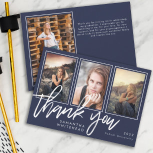 Tarjeta De Agradecimiento Colaje de fotos de graduación moderna azul marino