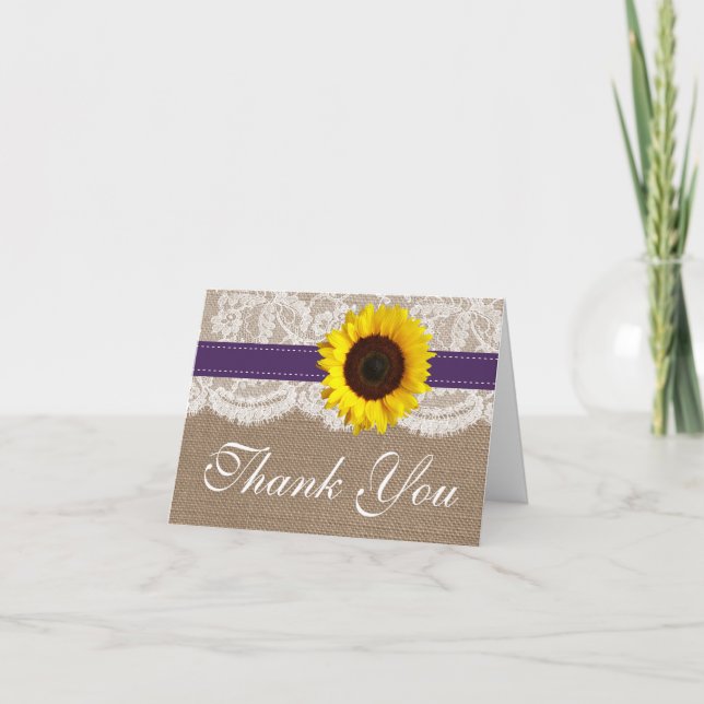 Tarjeta De Agradecimiento Colección de Bodas de girasol rústico - morado (Anverso)