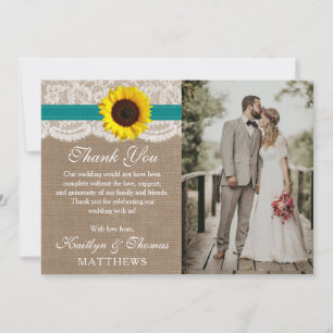 Tarjeta De Agradecimiento Colección de Bodas de girasol rústico - Verde azul