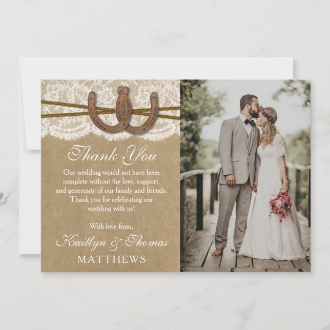Tarjeta De Agradecimiento Colección de Bodas Kraft, Lace & Horseshoe (Anverso)