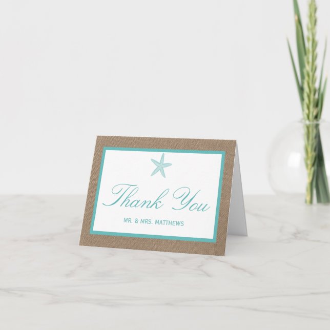 Tarjeta De Agradecimiento Colección Turquoise Starfish Burlap Beach Wedding (Anverso)