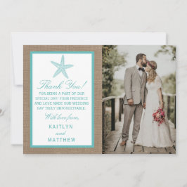 Tarjeta De Agradecimiento Colección Turquoise Starfish Burlap Beach Wedding