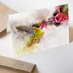 Tarjeta De Agradecimiento Colibrí alimentándose de flor rosa Acuarela