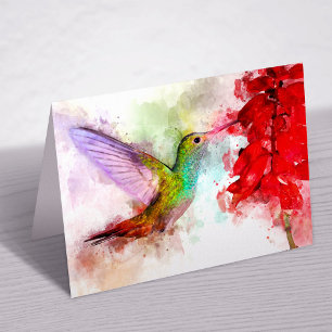 Tarjeta De Agradecimiento Colibrí en acuarela alimentándose de una flor roja