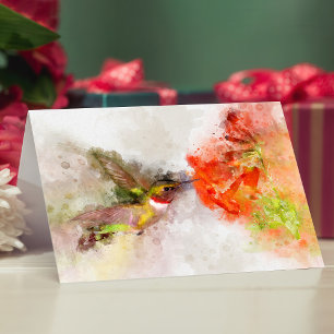 Tarjeta De Agradecimiento Colibrí en acuarela alimentándose de una flor vibr