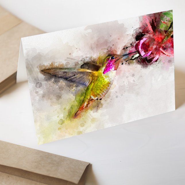 Tarjeta De Agradecimiento Colibrí volando con flor acuarela - 04 (Subido por el creador)