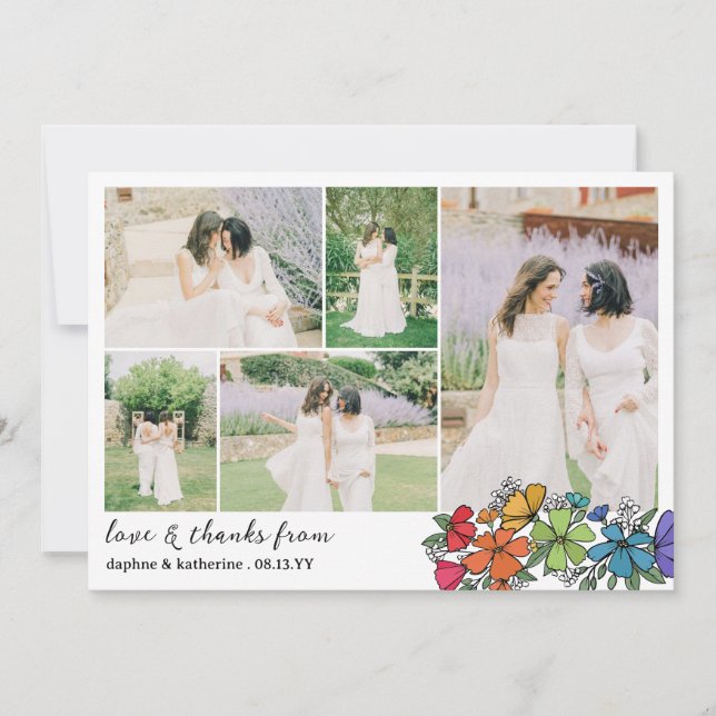 Tarjeta De Agradecimiento Collage de fotos Boda de flores de arcoiris gracia (Anverso)