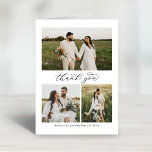 Tarjeta De Agradecimiento Collage de fotos Boda de guión elegante de caligra<br><div class="desc">Boda vertical plegado: las tarjetas de fotos de agradecimiento incluyen un elegante y elegante guión de "Gracias", un monograma de los nombres de la pareja de novios y novios, junto con un simple collage de 3 fotos en la parte delantera. El espacio para una foto adicional y el mensaje de...</div>