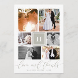 Tarjeta De Agradecimiento Collage de fotos de boda con monograma gris Agrade