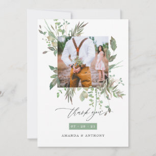 Tarjeta De Agradecimiento Collage de fotos de boda con vegetación en acuarel