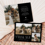 Tarjeta De Agradecimiento Collage de fotos de elegancia rústica Boda negro<br><div class="desc">Tarjeta de agradecimiento de boda rústica y elegante que incluye un texto de tipografía que dice "gracias" en un tipo de letra mezclado con guiones y tipos de letra serif. Esta plantilla tiene 3 fotos en la parte delantera y 1 en la parte posterior. El color de fondo es negro....</div>