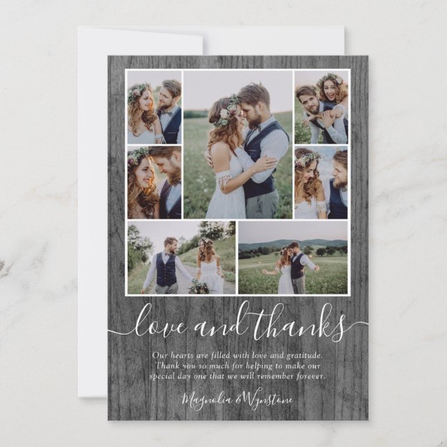 Tarjeta De Agradecimiento Collage de fotos de madera Amor y Gracias Boda (Anverso)