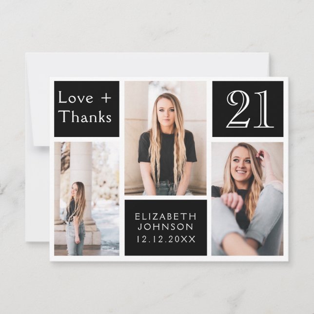 Tarjeta De Agradecimiento Collage de fotos de moda feliz cumpleaños 21 (Anverso)